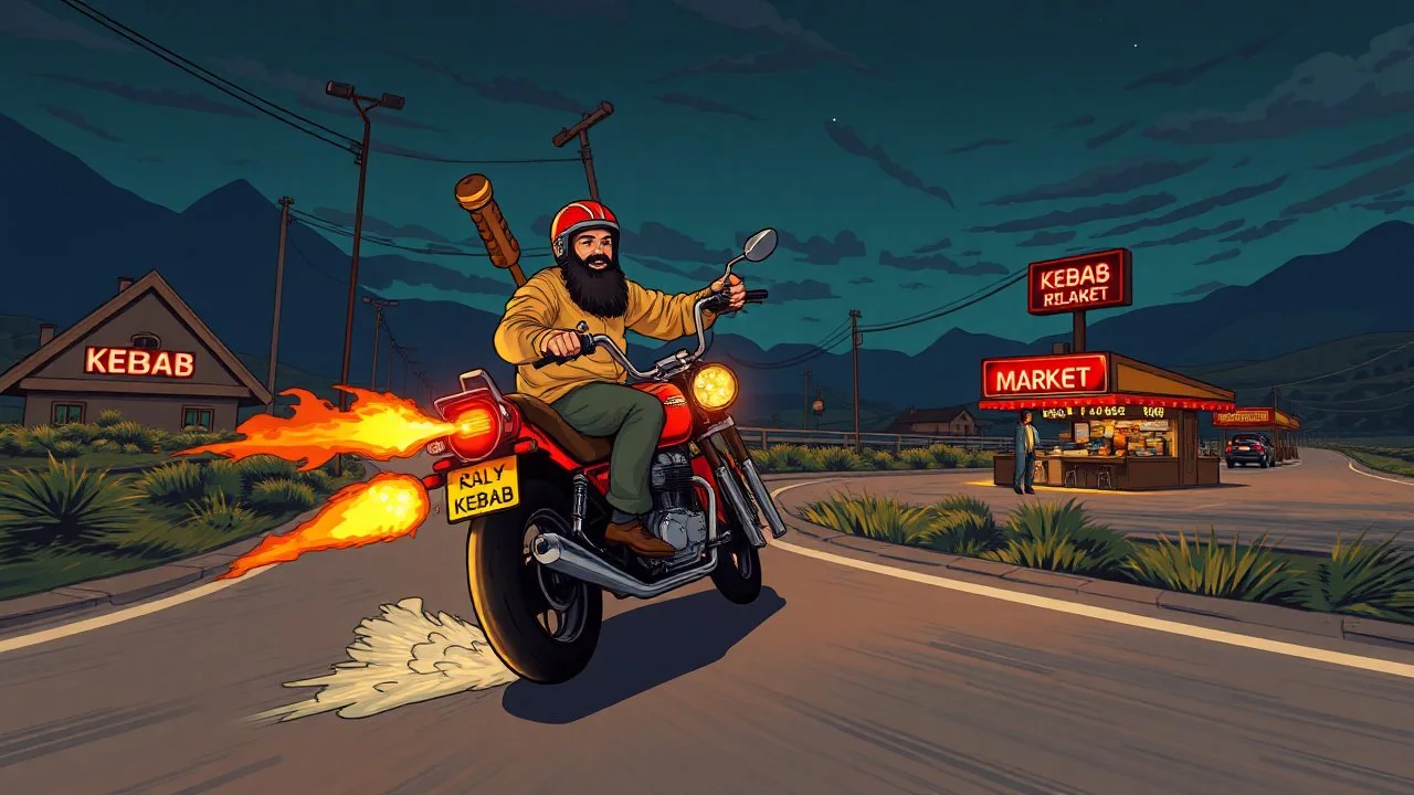 The kebab man driving fast on his holy motorcycle, fire from the exhaust, holy widescreen picture, holy empty road on the holy country at night, comic style, no helmet and he have a long holy black beard, neon kebab signs along the road, jesus stand at his market stand selling holy kebabs, simon stålenhag style, pixel art