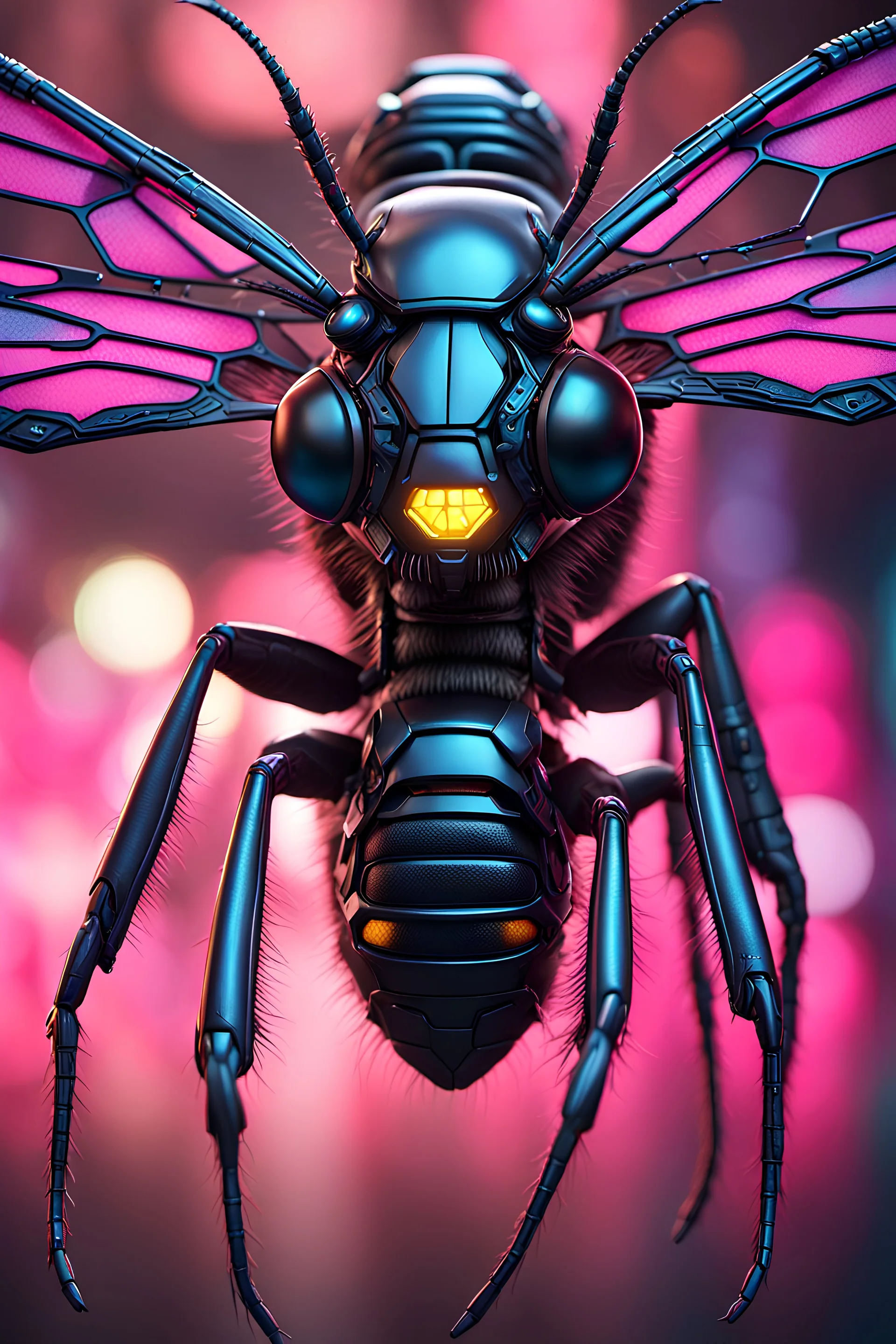 Expressively detailed and intricate 3d rendering of a hyperrealistic : cyberpunk insect, dystopian, neon, symetric, frontal view, artstation: award-winning: professional portrait: fantastical: clarity: 16k: ultra quality: striking: brilliance: amazing depth: masterfully crafted.