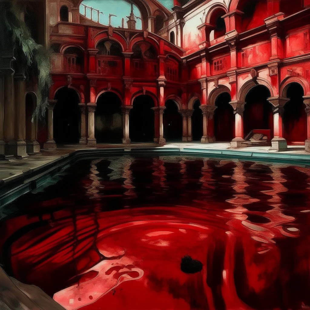A dark red facility with acid pools painted by John Singer Sargent
