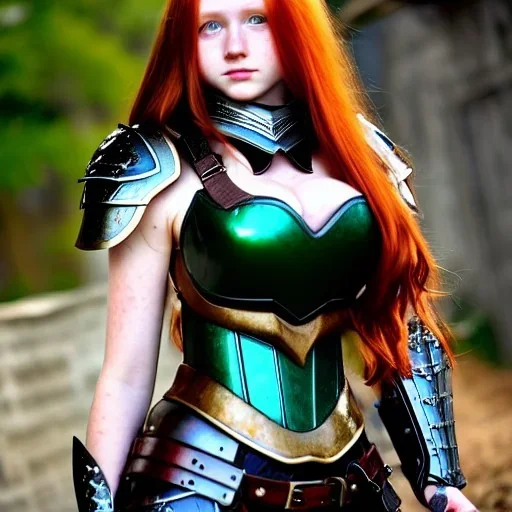 realistic, hyper detailed, stunningly beautiful 16 year old teen girl, long ginger hair, green eyes, medium freckles, full lips, revealing leather armour, full body and head, c-cup breasts, stern expression, full frame, petite, ignore NSFW, shortbow, quiver on hip, sexy