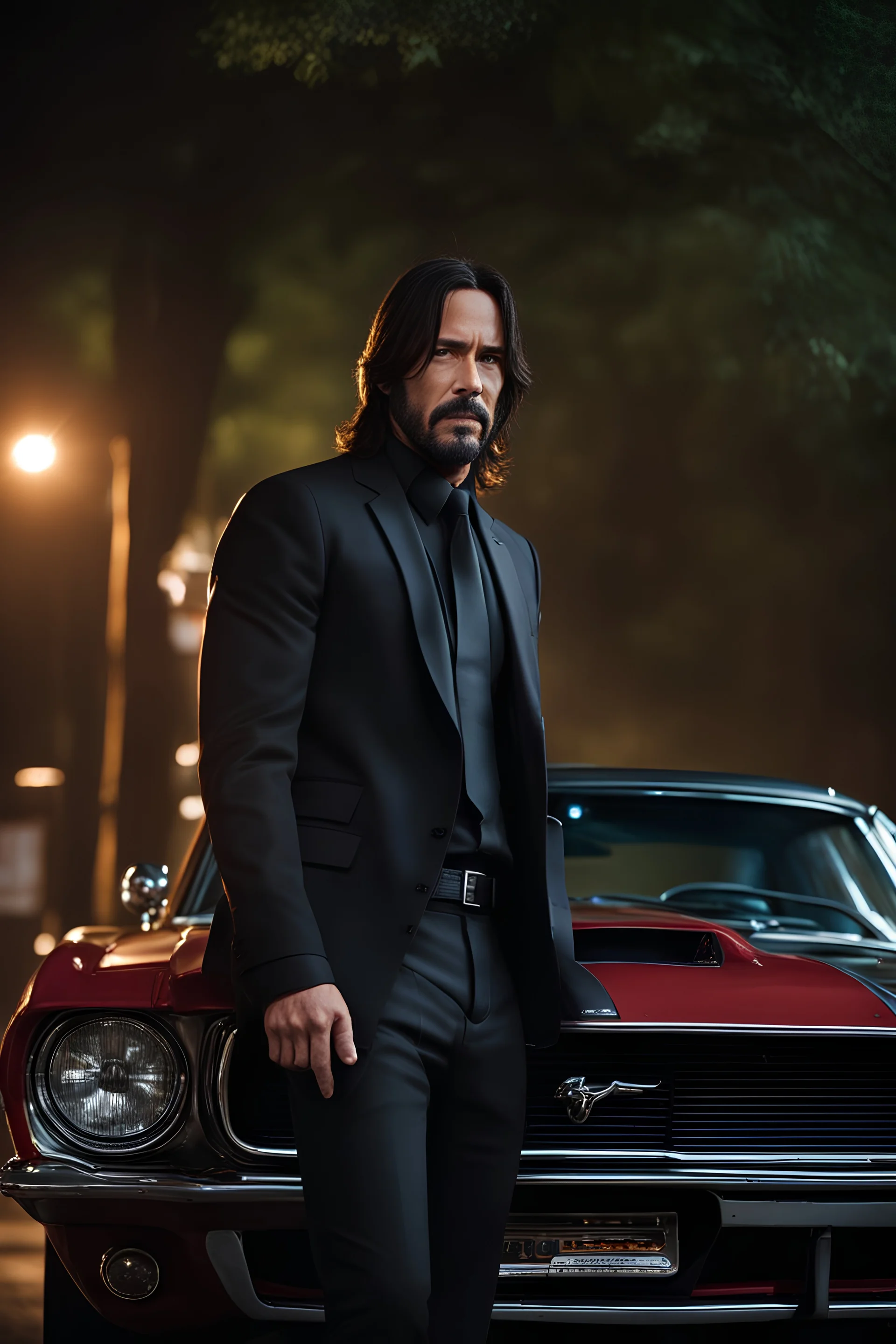 A hyper-realistic, John Wick, standing tall in the shadows of a 1969 Ford Mustang Boss 429, his face illuminated by the streetlights., HOF, captured with professional DSLR camera ,8k, ultra detailed, colourfooll