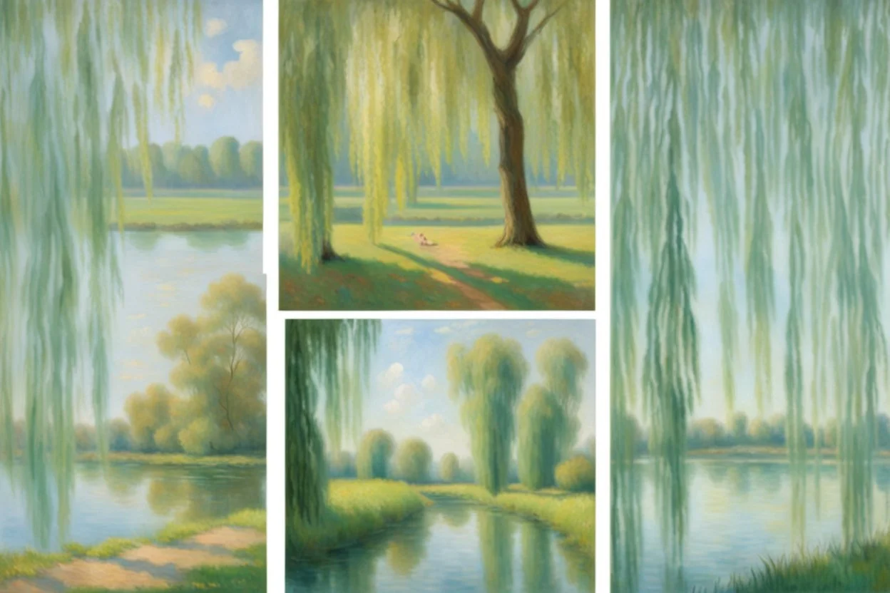 aquamarine gems, clouds, willow tree, claude monet, and emile claus impressionism paintings