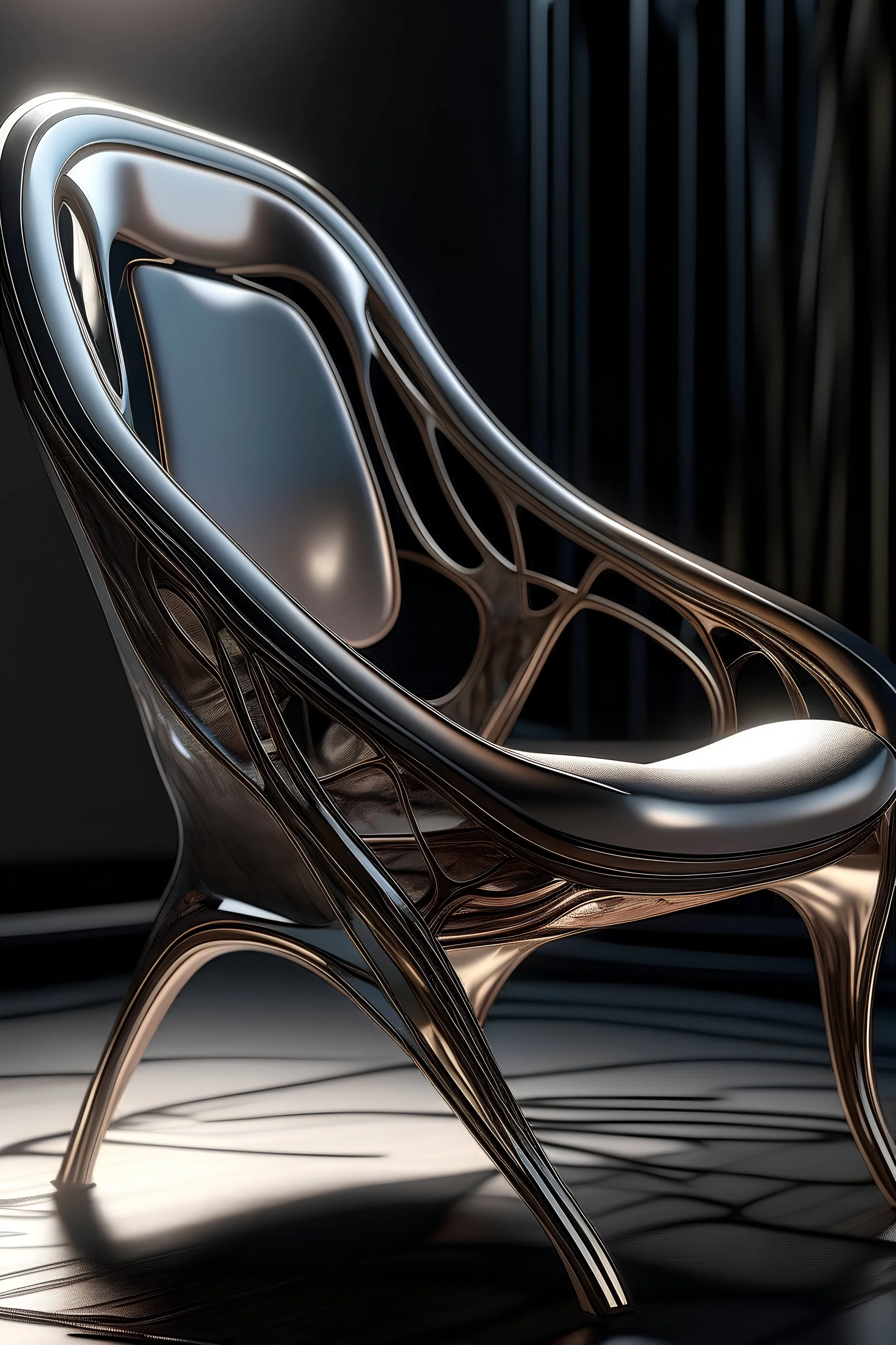 Organic Chair design, futuristic furniture, metal, wood, glass, product photography, ultra-high definition, 8K, hyper-realistic, winning design