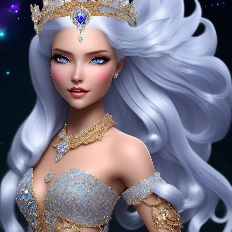 Ice Princess with white hair smilling, a crown with precious stones, bright background