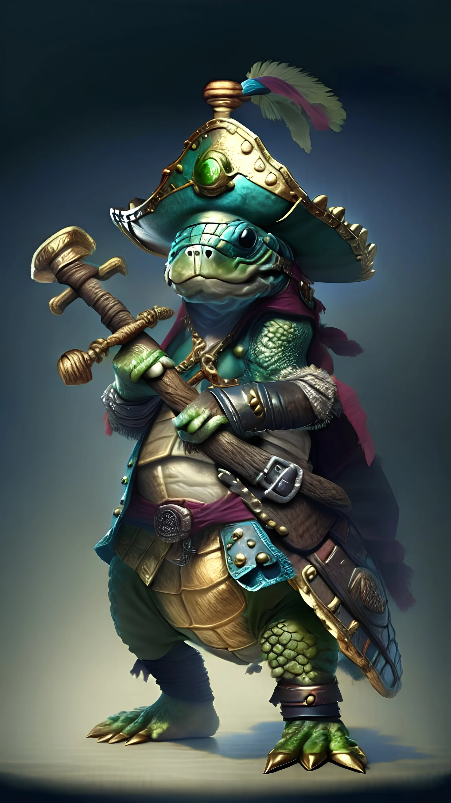 A green turtle dress up like a pirate , tri hat , and outfit , holding a weapon that looks like thors hammer ready for battle