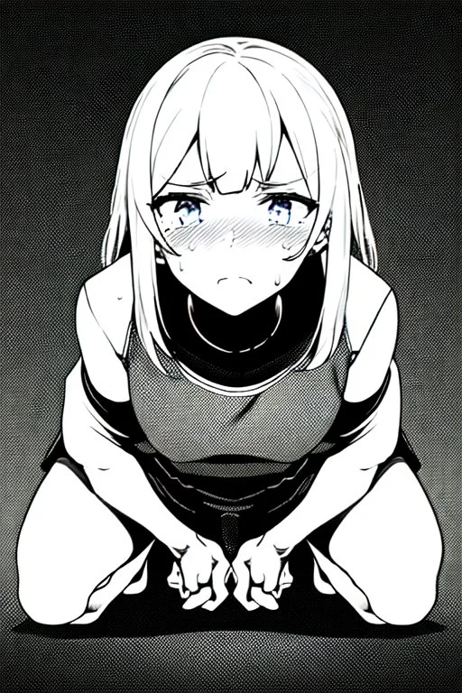 little blonde girl cries crouched down, grayscale