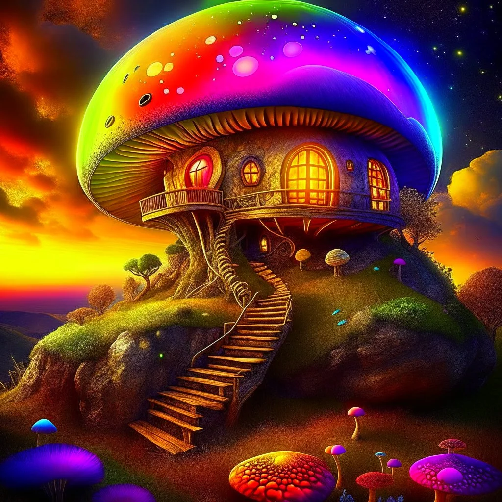 A radtastic amazeballs rainbow glowing, (((mushroom cottage))) erected atop a (grassy cliff), surrounded with imaginative (((spiraling space))), contrasted by the stark hues of a (nebulous space scape), . captured by the hand a skilled master painter with a focus on (softly textured compositions and voluminous lighting).