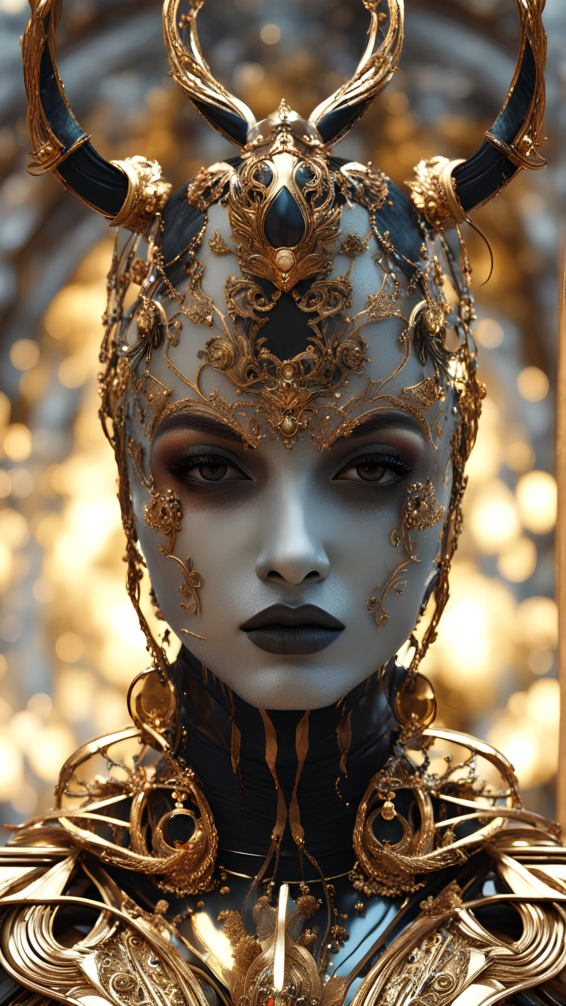 PAPERCUT 3d photo realistic portrait of young woman, dark fantasy, beautiful, dark eyes, dark make up, shiny streaks of paint, paint blobs and smears, shiny baubles, textured, ornate, shiny molten metalics, wild hair, high definition, octane render, 64k, 3d