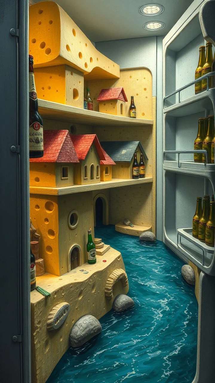 Bosch painting style nightmare, houses build of cheese texture with a river in the middle all scene in side shelf of a refrigerator with other shelf of beer bottles