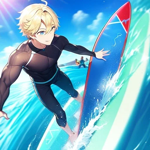 anime blonde boy on a surfboard, riding the waves