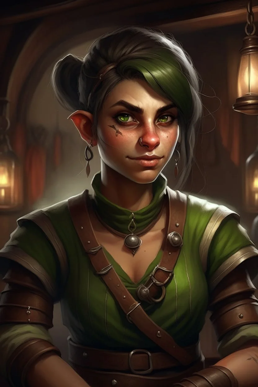 Dungeons and dragons orc young woman. She has green skin. She is kind. She is handsome. She has nice eyes. She has short hair. She is strong. She is in a tavern. She has broad shoulders. She has a large jaw. She wears casual peasant clothes. Realistic style