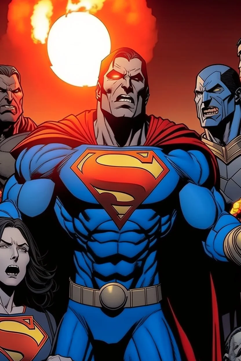 generate Darkseid very happy singing a song with Superman and friends