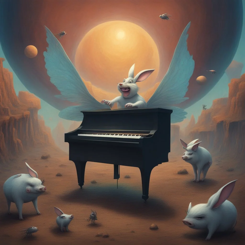 bugs bunny composer piano, diffrent planet, one swine pig piggy flying wasp angel, beksinski style daker theme