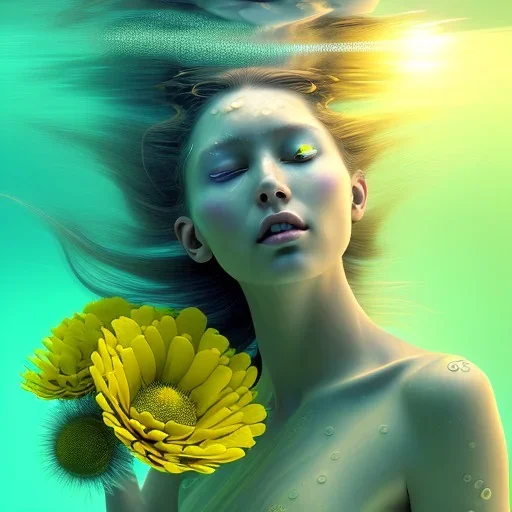 maxima hyper realist, hyper detailed,underwater with yellow flowers for hair, closed eyes, rtx, reflection, 8k, glow, winning photography, caustics