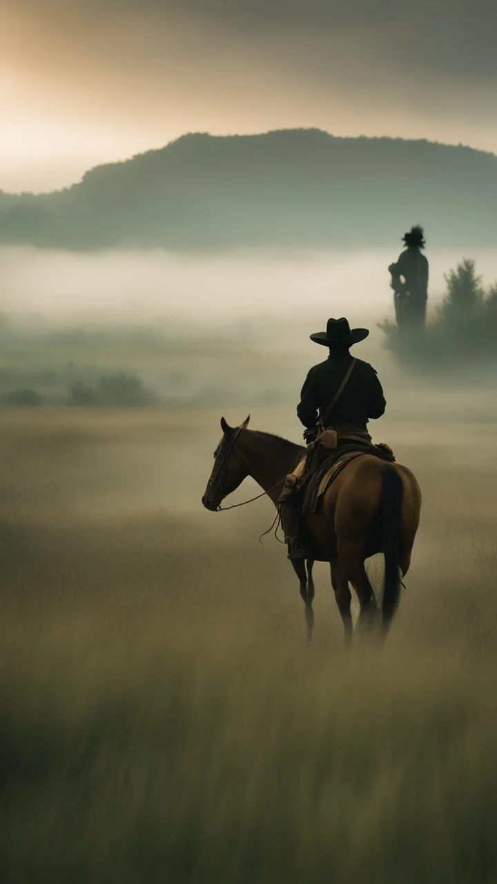 A lonely cowboy in the grassland, a foggy day film in the Wong Kar Wai style, foreground blur, distant view in the style of Wu Chen and George Hopper, Rembrandt lighting, a dark green and yellow color scheme, ethereal light. --ar 13:16 --v 6. 0