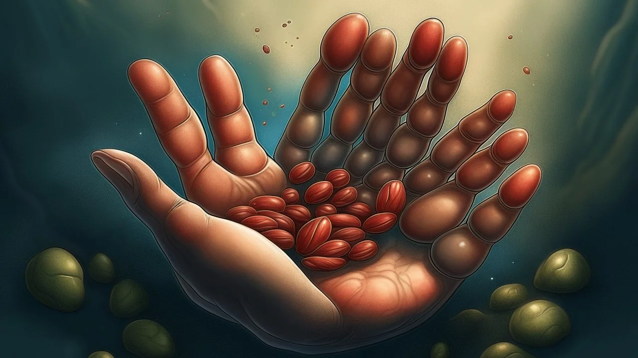 Fantasy digital illustration: 5 pieces of beans in a hand