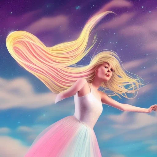 Full body with legs and feet white woman with legs, long blond hair, blue eyes, pink and blue dress in a galactic ambiance, delicate colors in the foreground, full of face details, smooth, light effect，vaporwave colorful, smooth, extremely sharp detail, finely tuned detail, ultra high definition, 8 k, unreal engine 5, ultra sharp focus