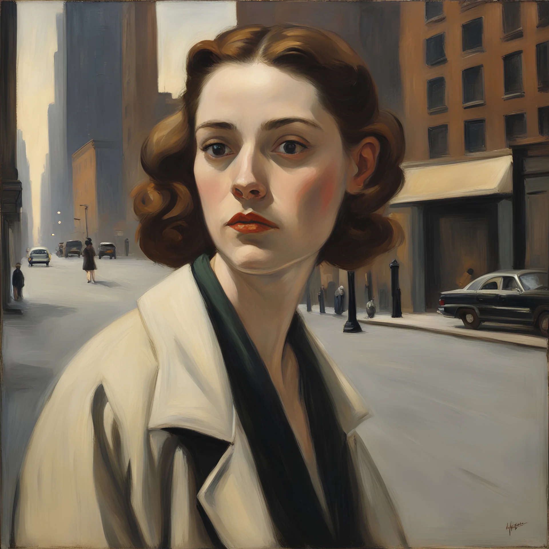 A portrait of a young woman in the street of New York painted by Hopper