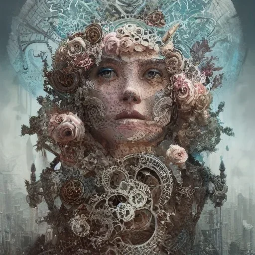 Insanely detailed photograph of an “portrait of gorgeous city” with intricate gears, intricate embroidered band, beautiful clear face and hyperdetailed painting by Ismail Inceoglu Huang Guangjian and Dan Witz CGSociety ZBrush Central fantasy art album cover art,8K, hdr, romantic, mysterious, ominous, flowers, jewelry, comfort,