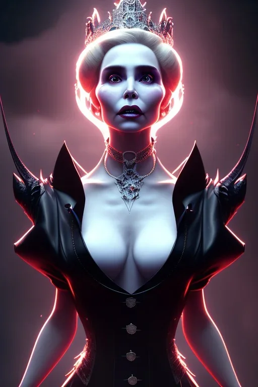 Constance Langdon as evil queen in black leather, leather, busty, cleavage, angry, stern look. character design by cory loftis, fenghua zhong, ryohei hase, ismail inceoglu and ruan jia. unreal engine 5, artistic lighting, highly detailed, photorealistic, fantasy