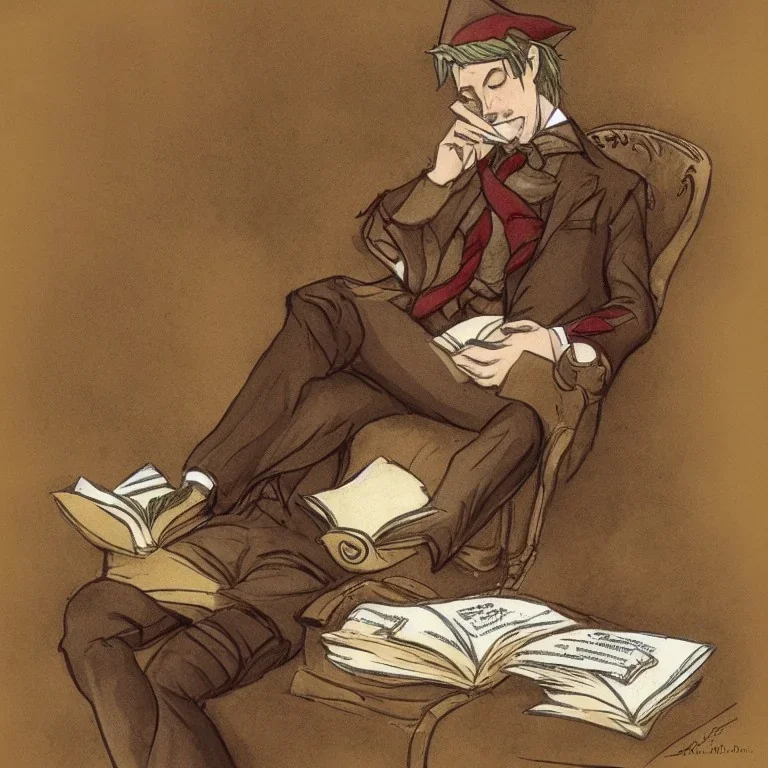 full body shot of calm elf in brown suit reading a pompous book, fantasy character art