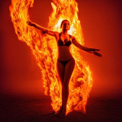 woman made of fire, fire angel, full body portrait, long flowing hair, only wearing bikini made of fire, highly detailed, real life photo, photo quality, extremely detailed, high quality, standing in fire, highly detailed, lots of fire around, fire background