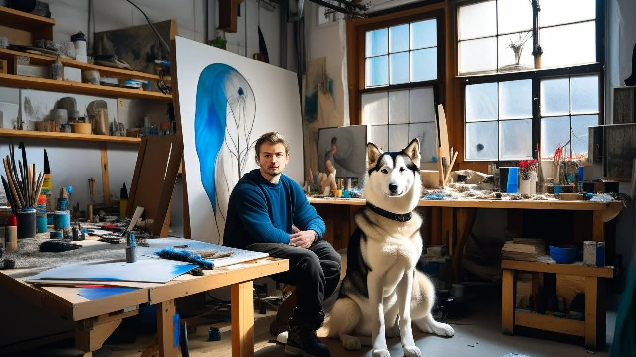 In a studio with light-wood walls and black-framed windows, a husky with heterochromatic eyes posed next to its owner, who held a roll of sketches in one hand and a paintbrush in the other, both of them the protagonists of an unfinished painting.