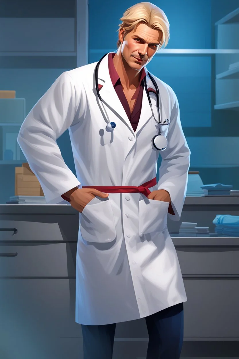 Mid-thirties, Caucasian male doctor, kind smile, blonde hair (slightly disheveled) blonde mustache, pale blue eyes, broad shoulders, muscular, six foot, Hawaiian shirt under white lab coat, bloodstains at the edges of the lab coat. Strong Jaw line, surrounded by shadows, photo realistic