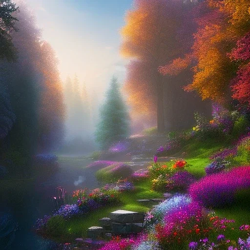 epic bright fairy, beautiful portrait, flowery landscape