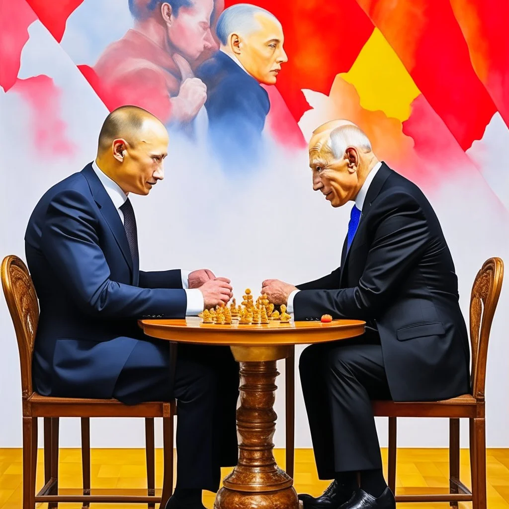 Putin, President Xi Of China And Joe Biden Play Chess between lights and shadow With A Pigeon,And Atomic Bomb Mushroom Cloud,Complex Surgical Instruments Intermixed With A Newborn Boy,Minimalism,Painting By Adrian Ghenie,Rene Magritte,Pablo Picasso,Michelangelo,Salvador Dali,Lucian Freud