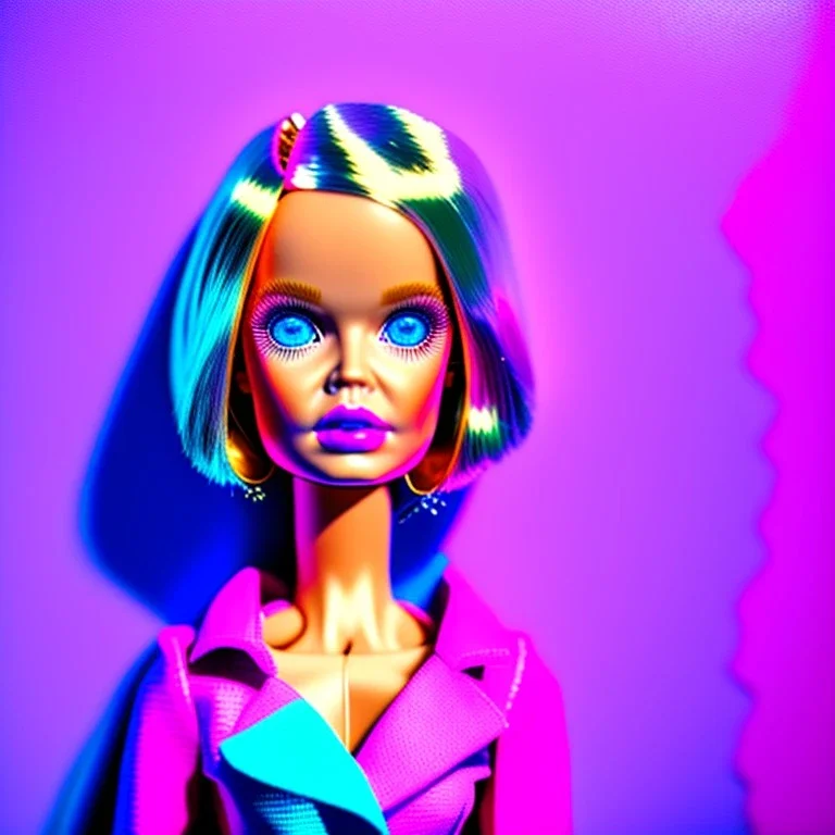 Foto realista. Una Cabeza de muñeca barbie decapitada sin cuerpo. Foto de estudio. Pared de fondo. Colores vibrantes. Gran angular. Simetría. Ultra hd.