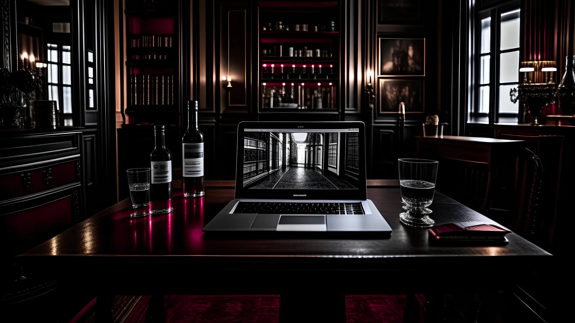 A photo on the main screen of a laptop for an eerily mysterious, hidden and rich person: A rich house from the inside in high-tech style, black and burgundy. A rich hall, in the same colors and in the same style. There is 1 elegant glass of wine on the table. The table is long and wide, charcoal. The whole room is darkened, exclusively in black, charcoal and crimson. The borders of the room are illuminated by fluorescent crimson lamps along the rooms. The room should be eerily darkened, saturate