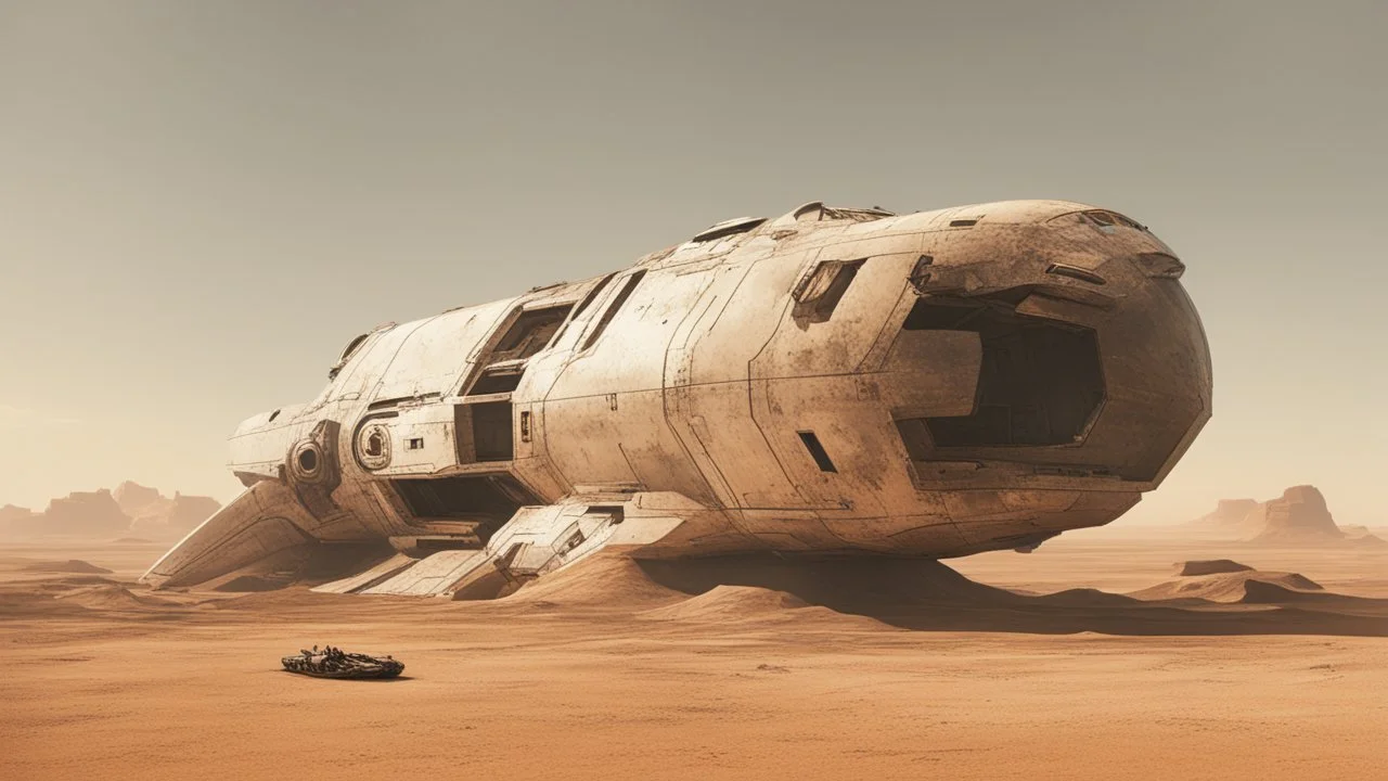 Sleek Cargo Spaceship Sitting In A Ruined Landscape