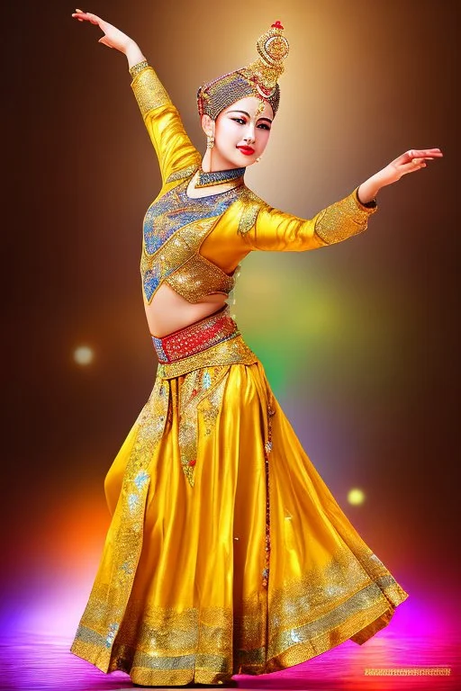 golden artistic statue of a qazaq dancer in folk dance pose in modern art museum dynamic colorful lights