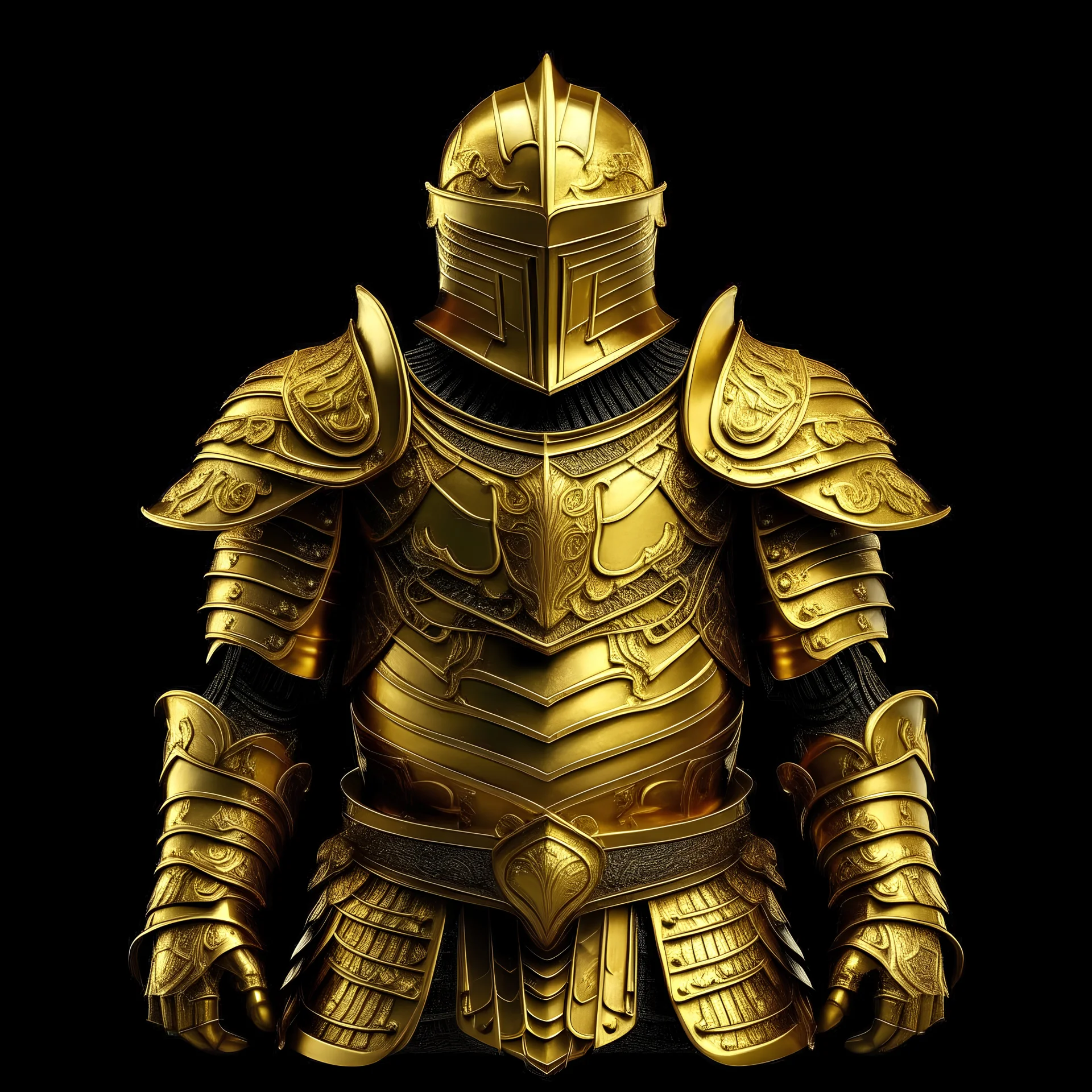 Golden armor with a full interior and a fire or black background
