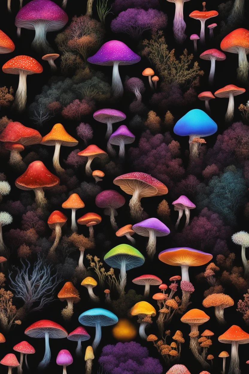 diseased Flora and fauna at thepsychedelic diseased colourful mushrooms and fungi growing from black oil with a black background in the multiverse, with alien insects flying End of the Multiverse rising from a black liquid surface.