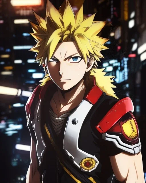 Detailed anime portrait of bakugo from my hero academia, gold hair and golden eyes, black suit, intricate details, full body portrait, keep head in frame, slight smile, black Japanese motif, concept art, highly detailed, digital painting, concept art, sharp focus, illustration, art by Yoji Shinkawa, WLOP and greg rutkowski and alphonse mucha and artgerm and yanjun Chen and Junji ito and Makoto Shinkai, HDR, octane render