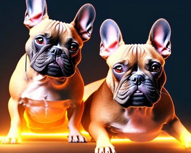 a detailed illustration of a french bulldog, phoenix bird wallpaper, luminescent body, full body, symmetrical body, realistic, glowing muscles, sharp focus, meticulously detailed, soft evening sky, 64k