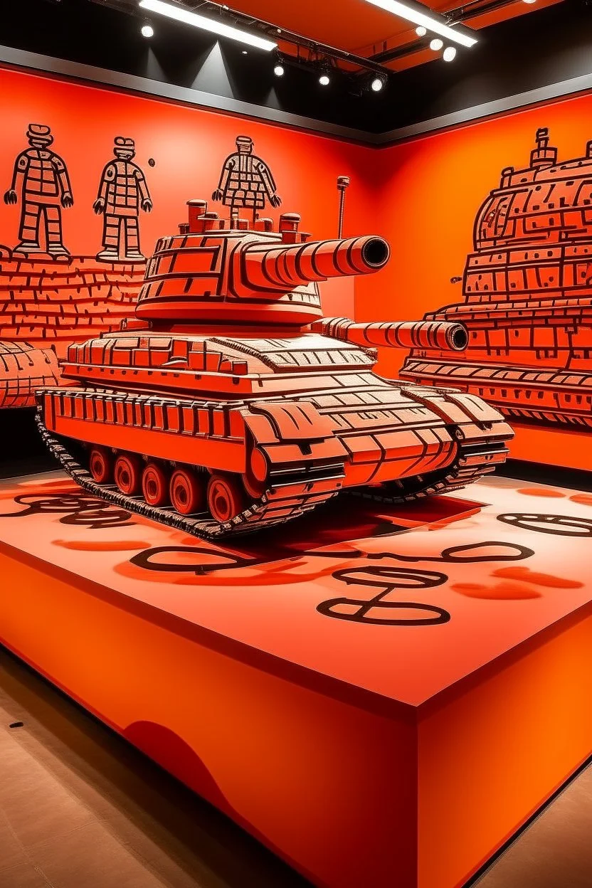 A light rosy orange colored battlefield with tanks painted by Keith Haring