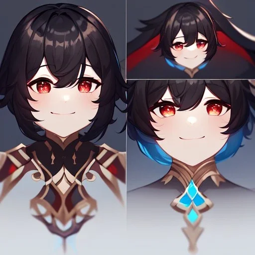 Clear focus,High resolution, black short fluffy hair, long fluffy bangs, and red eyes, Depressed girl, wearing a genshin impact outfit,slight revealing outfit, Smug smile, half closed eyes, smile, full body, Extreme close up, smiling, eyes close