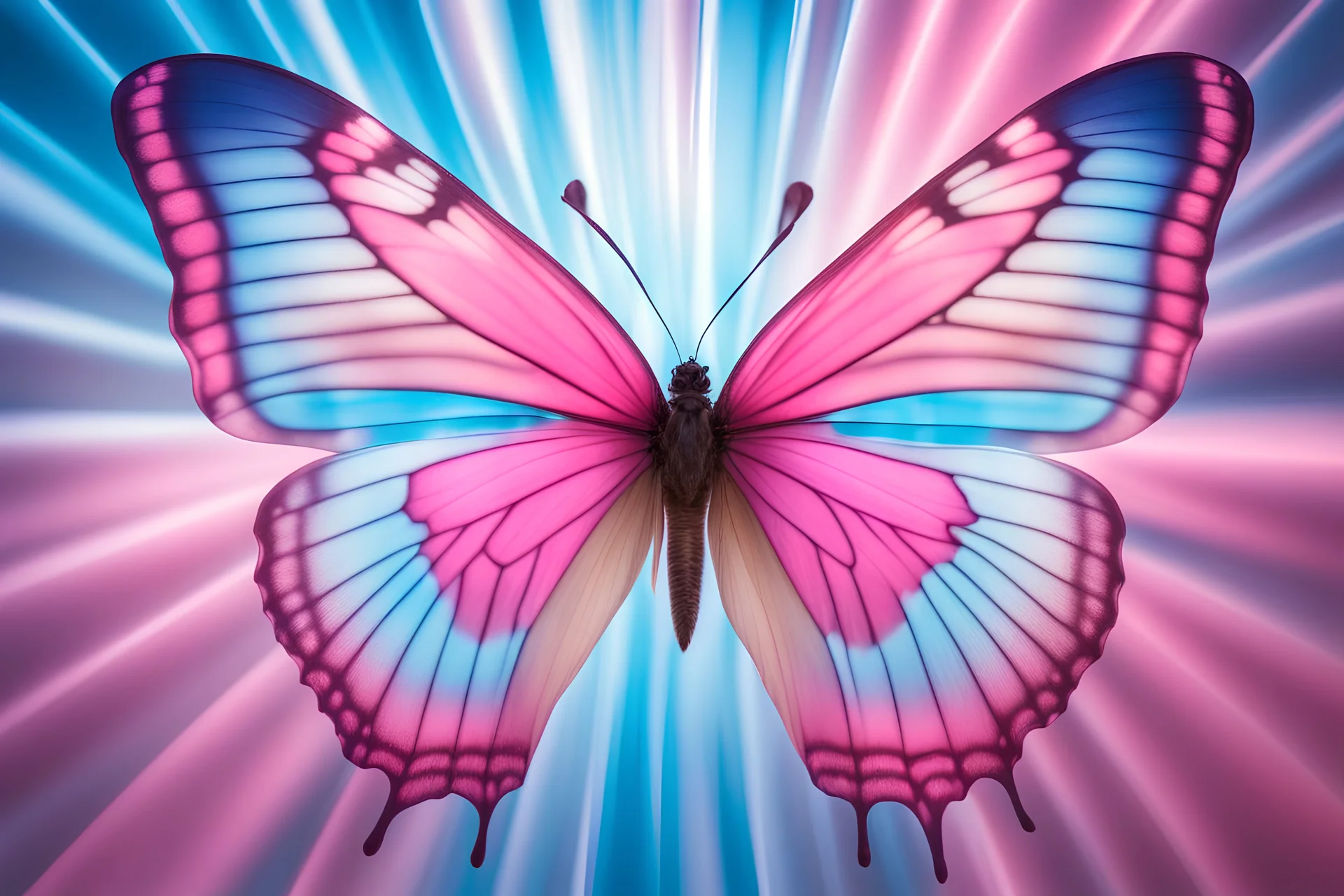 farfalla gigante trasparente su sfondo sfumato di rosa e azzurro e raggi bianchi