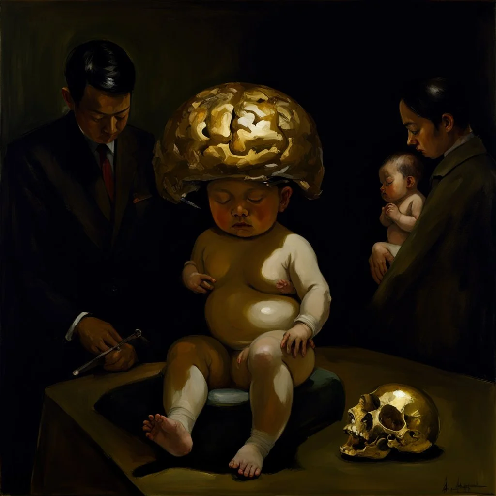 a huge golden brain supported by very small beautiful Asian female human bodies, complex surgical instruments mix a newborn boy between light and shadow, surrealism, symbolism, minimalism, sculpture by Adrian Ghenie, Lucian Freud, Rene Magritte, Salvador Dali