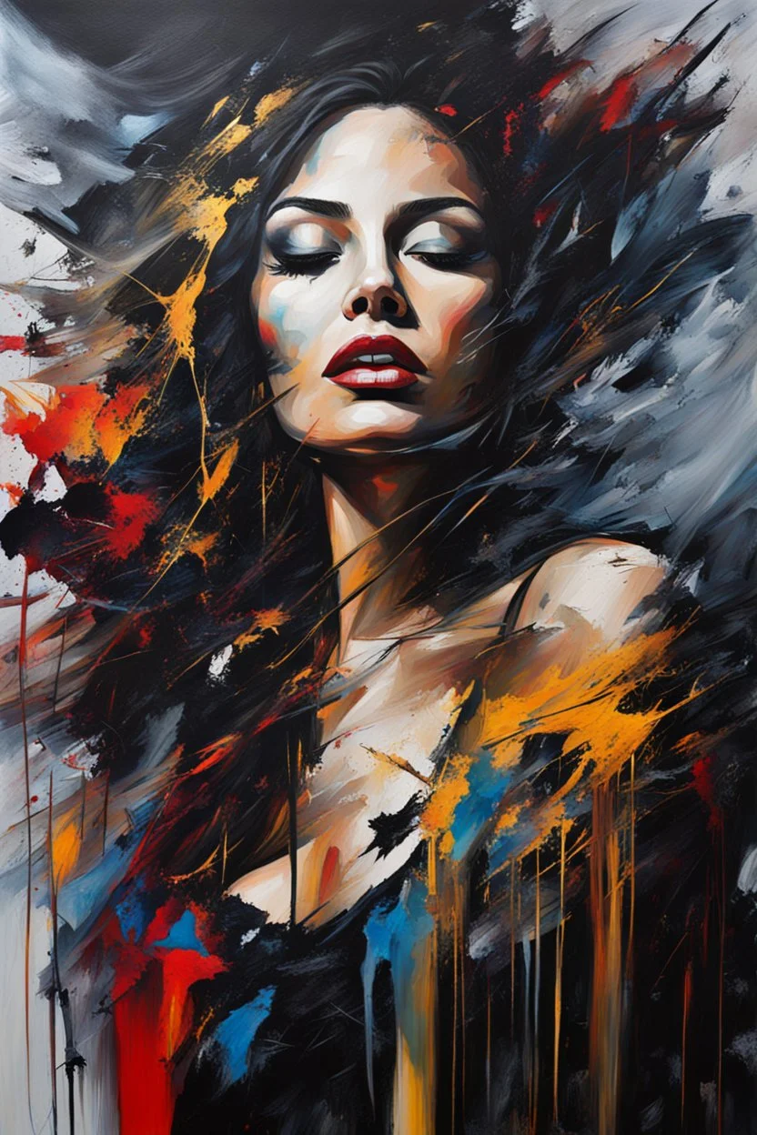 Abstract painting about a beautiful woman and her chaotic life, chaos, stormy, explosive, weird but exceptional art, thick paint strokes, dark colours, realistic