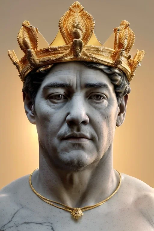 Ultra Realistic image, classic sculpture, white marble material, Maradona, gold crown of natural thorns, god crown, gold veins, gold ornaments, sun rays background, waist up portrait, epic, celestial, cinematic lighting, God lights, 4k resolution, smooth details, soft lighting, unreal engine 5, art station, substance 3d.