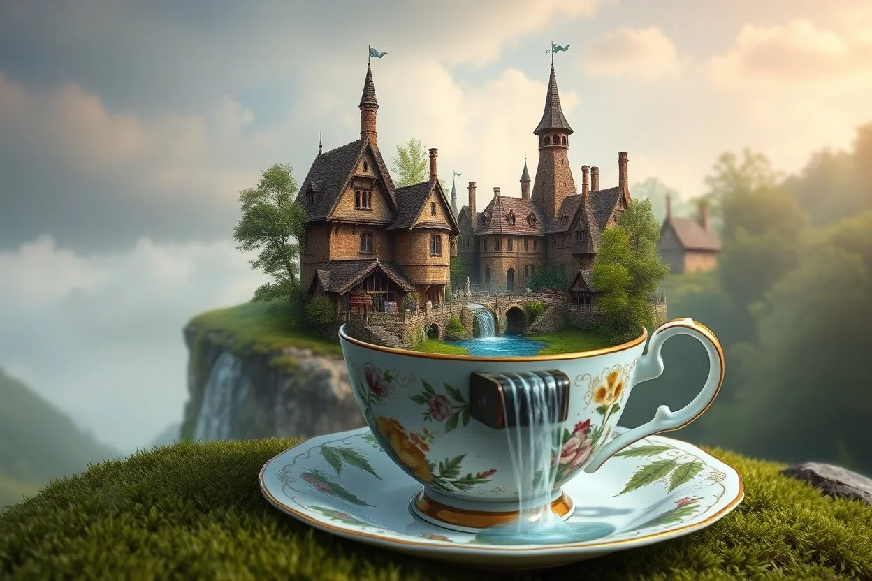 teacup with a english-village with a waterfall in it,medieval fantasy.nature