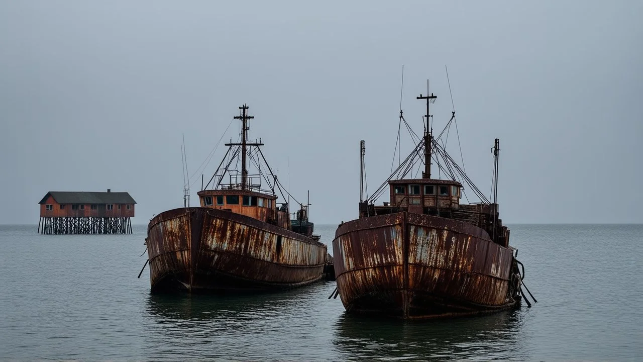 Two old, rusty barges sit on a still sea under a heavy, overcast sky; stilt houses loom ominously in the background, shrouded in a thick, gray mist.