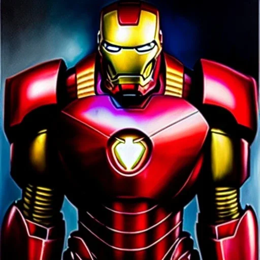 fullbody portrait in oil on canvas of rusted metal of ironman with hulkbuster armor, Marvel , luxurious , ominous, intense stare, masterpiece, realistic, intricate detail, sci-fi fantasy style, volumetric lighting, particles, highly detailed ,cinematic , deep colours,8k, by Kaare Andrews and caravaggio and simon Bisley.