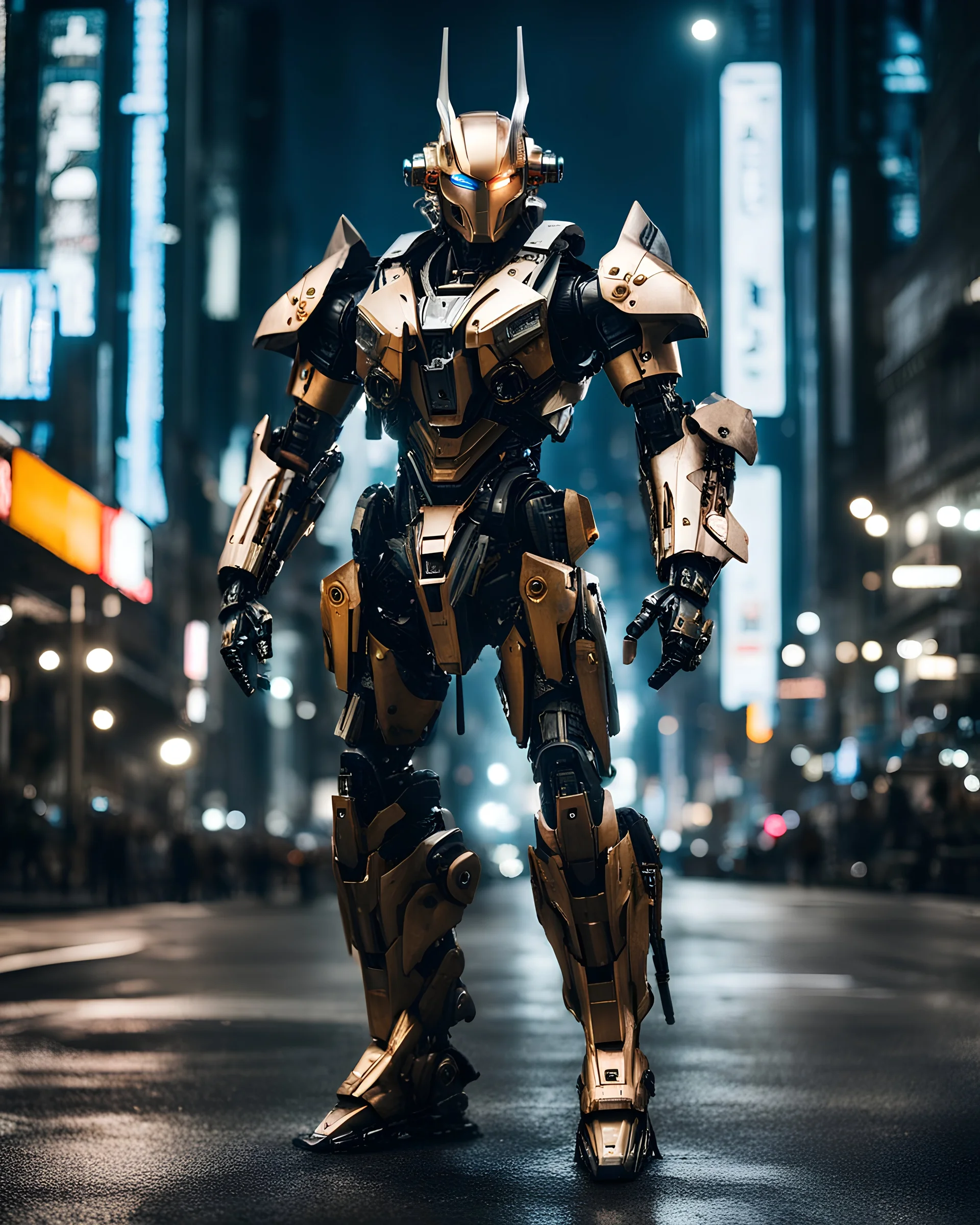 full image street photography art Predator mechanical robo warrior character, anthropomorphic figure, wearing futuristic mecha warrior armor and weapons, walk on night city street