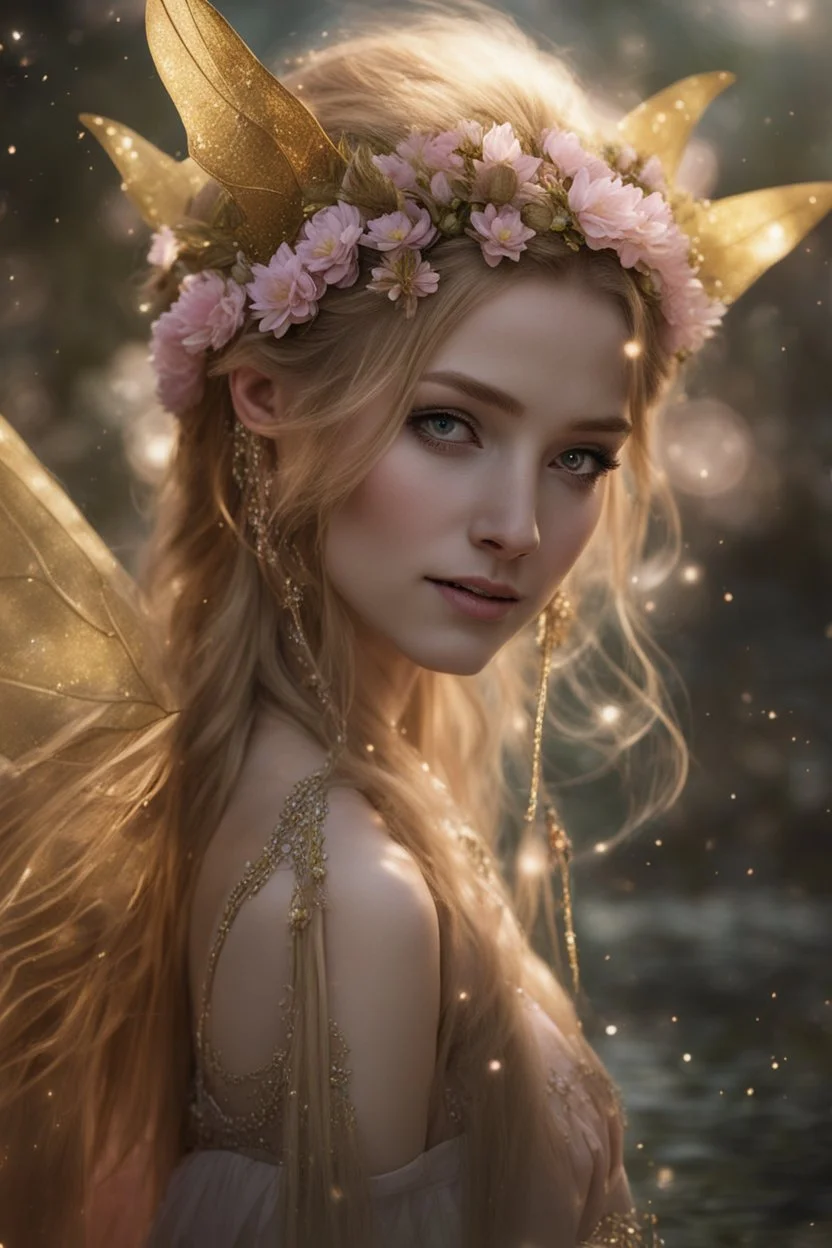 Pointed elven ears,Blonde hair ,Pink dress,Sparkling fairy wings,Very long golden hair,Fairy crown,pointed ears,elven ears,fairy wings,water lilies,sparkling,glittering,flowers,blossoms,golden crown,light pink dress