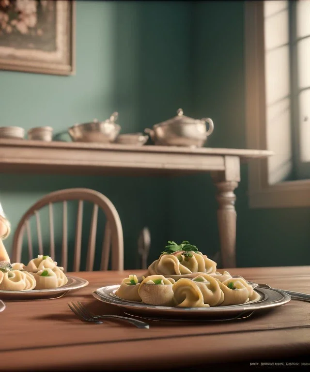 Ultra realistic photographic portrait, happy elegant Gina Lollobrigida woman sitting with arms resting on Italian kitchen table, pretty tortellini dish, classic style decoration, cold, soft color, highly detailed, unreal engine 5, ray tracing, RTX, lumen lighting, ultra detail, volumetric lighting, high definition.